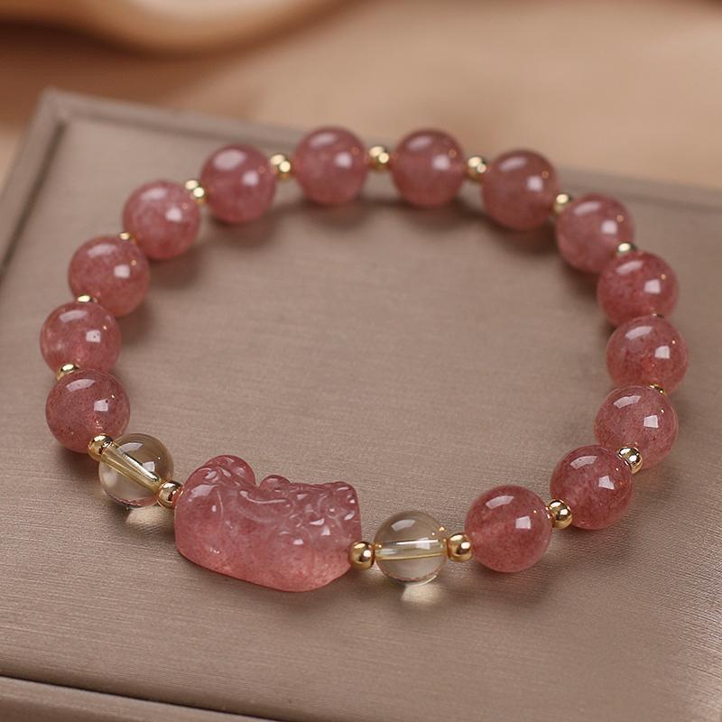 Unisex Handmade Pixiu Bracelet Mixed Material Strawberry Quartz New Chinese Animal Accessory Business Present