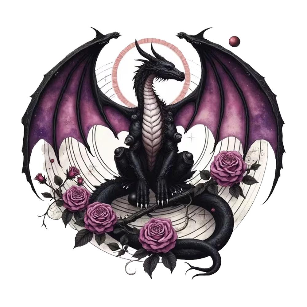 

QT2468# Black Dragon with Purple Wings & Roses, Waterproof Vinyl Decal, Self-Adhesive, Easy Apply for Cars, Trucks 10cm-longest side