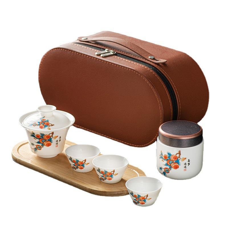 Suet jade white porcelain kung fu tea set cover bowl teacup outdoor portable travel tea set