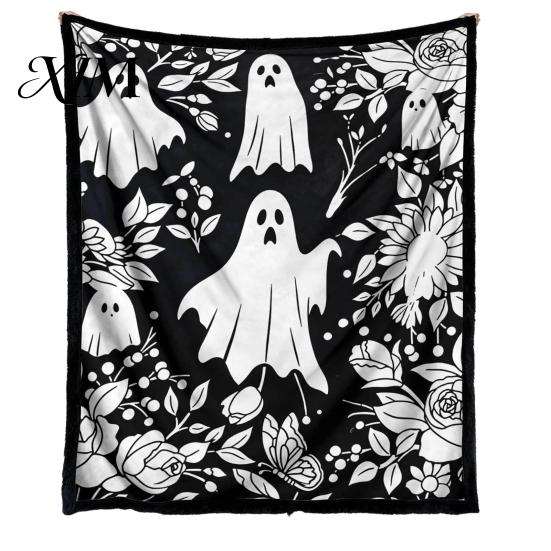 Washable Velvet Throw Blanket Halloween DIY Coloring Blanket, with Ghost Patterns, Color Your Cozy Bed for Creative Adults Own And Kids, Home