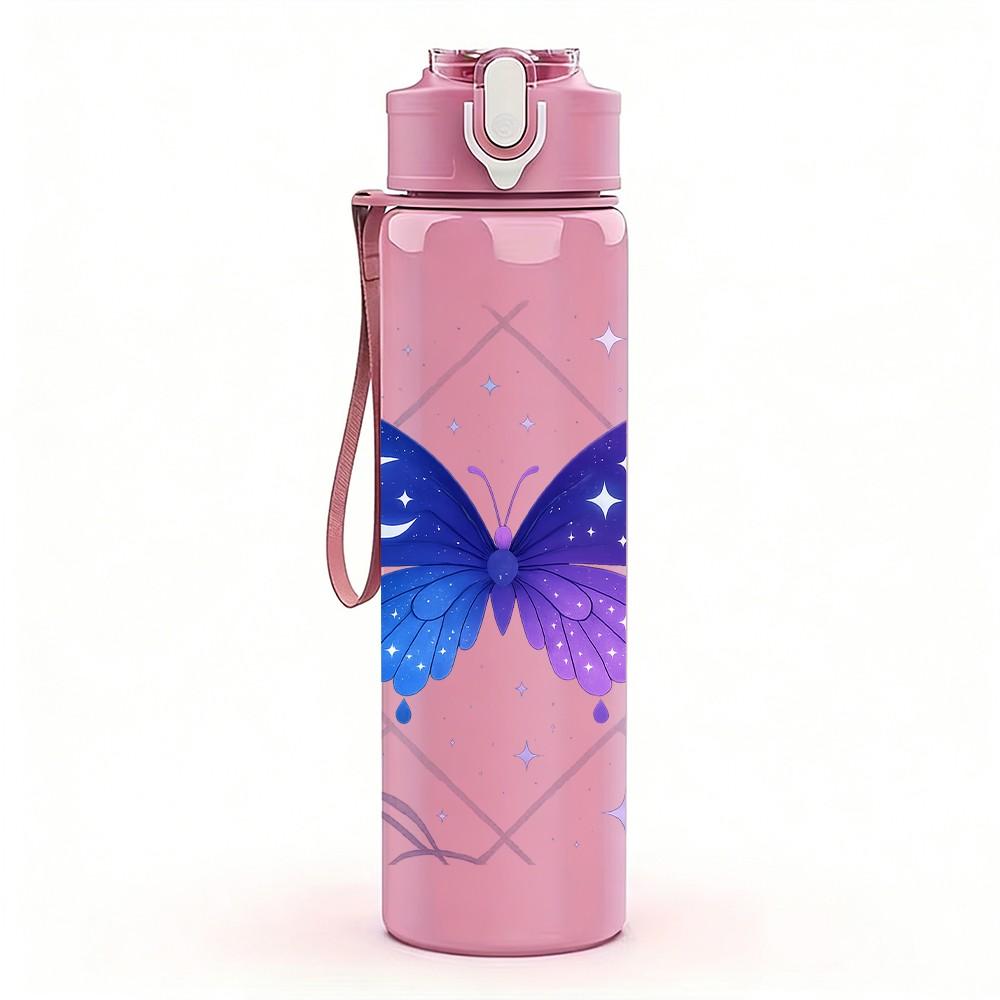 1PC Dark Purple Glowing Butterfly Magic Print 750ml Color Plastic Sports Water Bottle Leakproof Flip Straw Lid Suitable for Sports Office Home Use