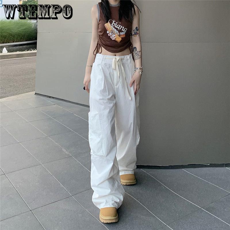 WTEMPO Women's Straight Cargo Pants High Waist American Streetwear Vintage Pants Chic Design Casual Ladies Wide Leg Cargo Trousers