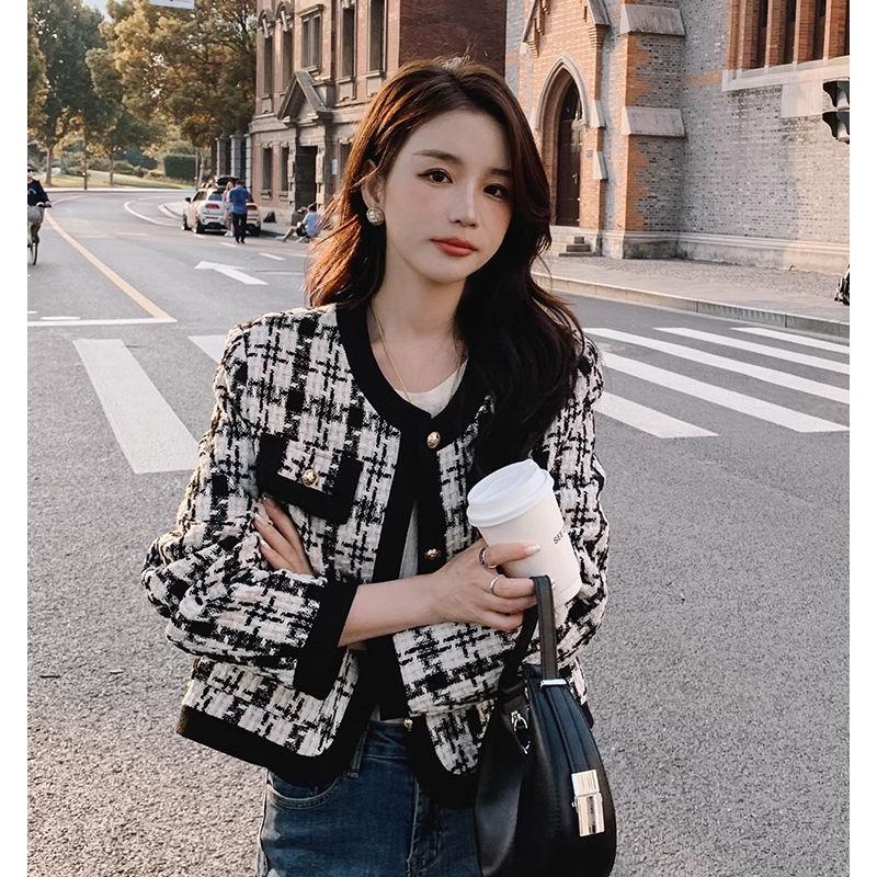 Bold Woolen Fragrant Style Jacket Women Black White Checkered Pattern Korean Style Loose Fit Short Short