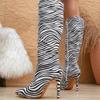 Zebra Stripes Pointed Toe Slim Women Knee-High Boots Street Style Zipper Thin High Heels Stripper Party Shoes Bota Feminina 42