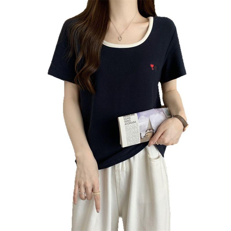 White Front Shoulder Large U-neck Short-sleeved T-shirt for Women's Summer New European Products, Unique and Beautiful, Contrasting Colors On Clothes
