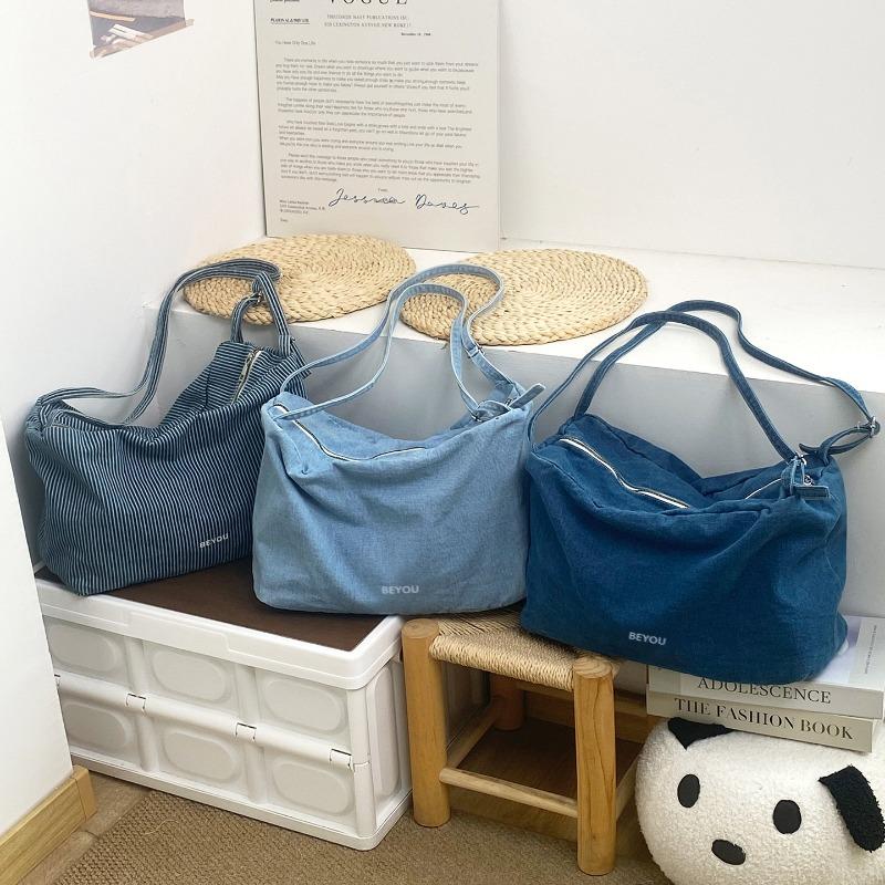 Early spring new large-capacity denim shoulder bag fashionable and old retro striped underarm bag versatile hobo bag