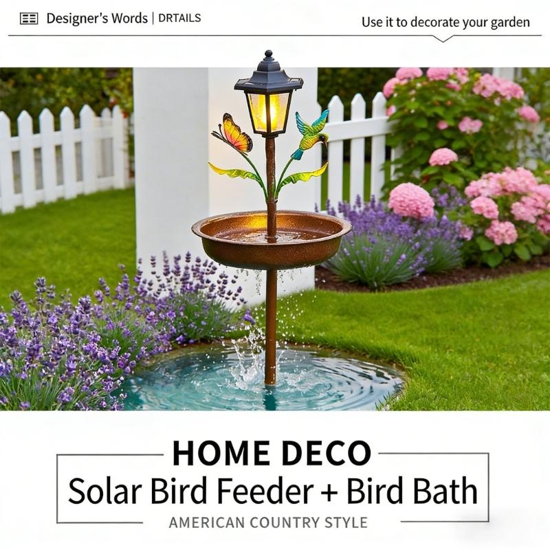 Durable Iron Sun Powered Bird Water Dish With LED Lights For Outdoor Decoration And Wildlife Viewing Day And Night