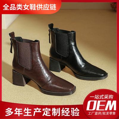 Wow, Customized~ High-heeled Short Boots, Thick-heeled Brown Boots, Medium Boots, Square Head Elastic Leather Boots.