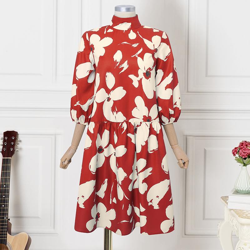 VONDA Elegant Women Stand Neck Puff Sleeve Floral Print Casual Loose Long Baggy Dress