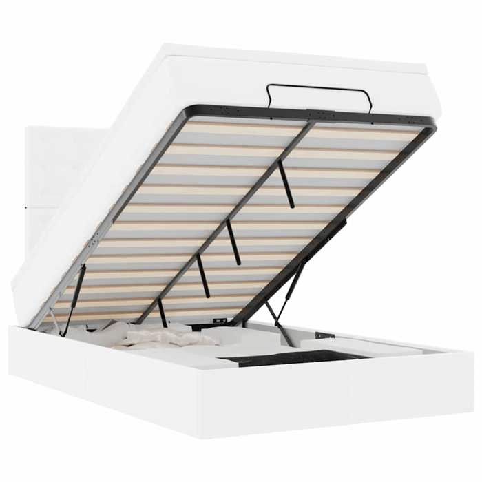 Cadre de lit avec matelas - 120x190 cm - Similicuir blanc - Rangement sous le lit - Mécanisme hydraulique