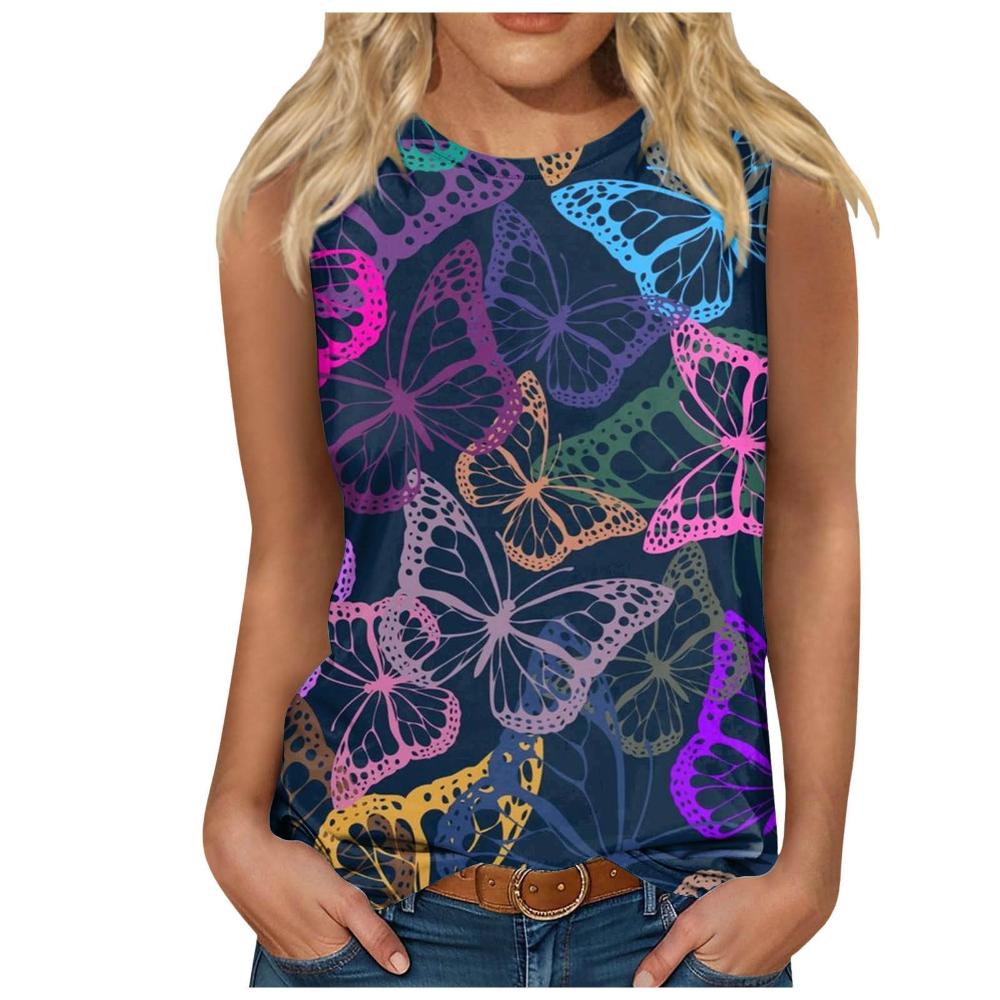 Women's butterfly 3D printed sleeveless T-shirt, round neck off shoulder casual vest, elegant Y2K sleeveless top, T-shirt, women's clothing