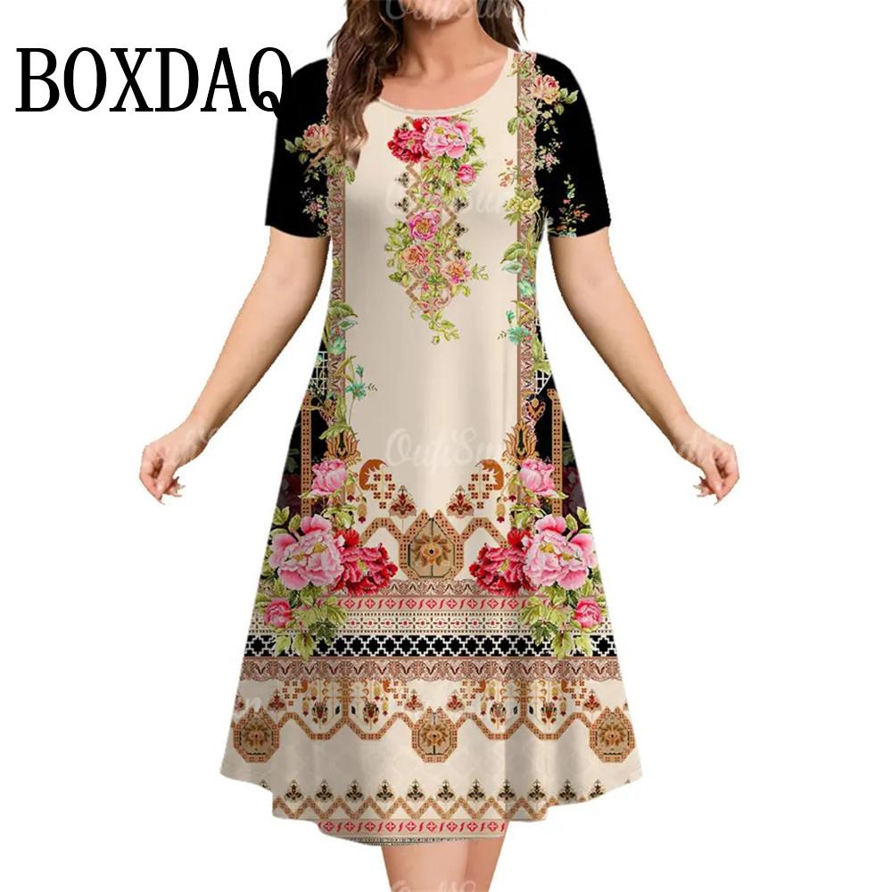 Summer Women's Dress Fashion Floral Pattern Short Sleeve Dresses Loose Plus Size Casual Round Neck Print Clothing Elegant Dress