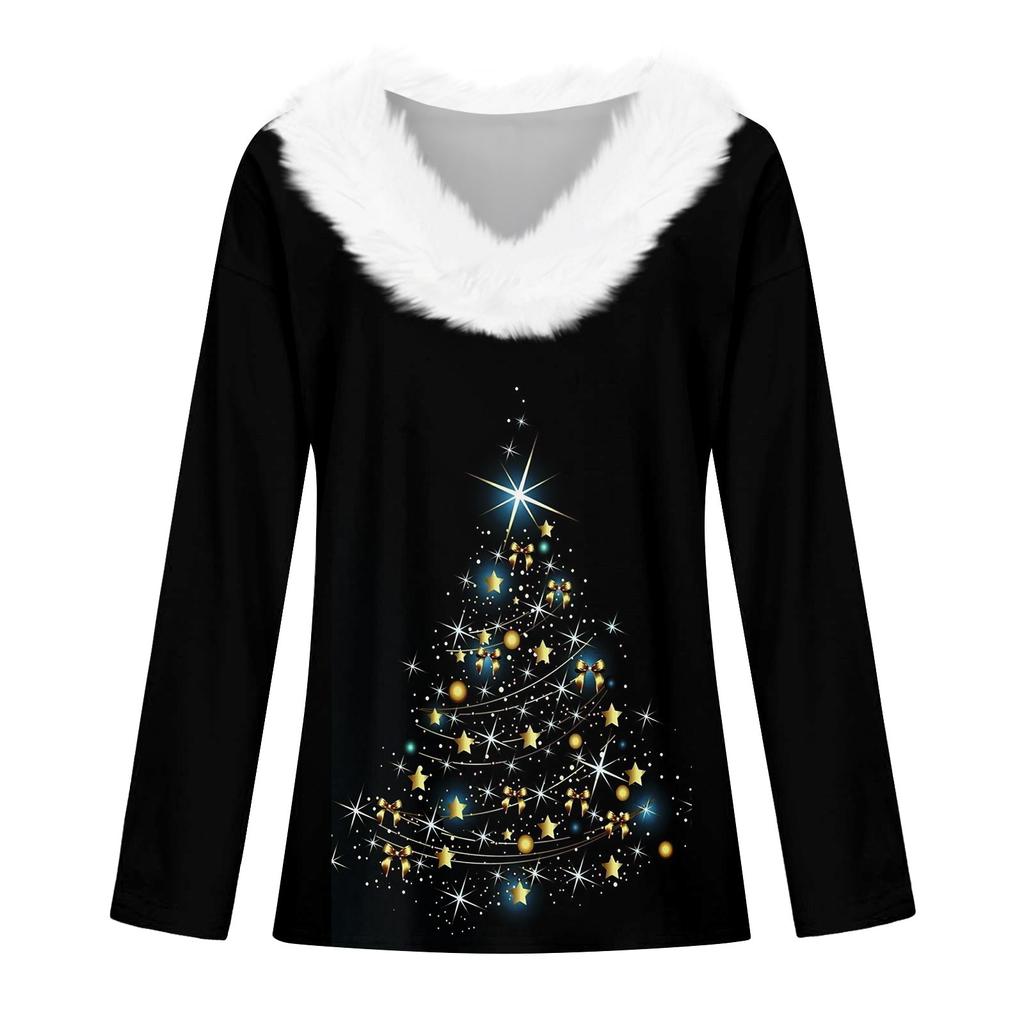 Maglietta da donna, maglietta natalizia, manica lunga, festa di Natale, colletto in pile, scollo a V