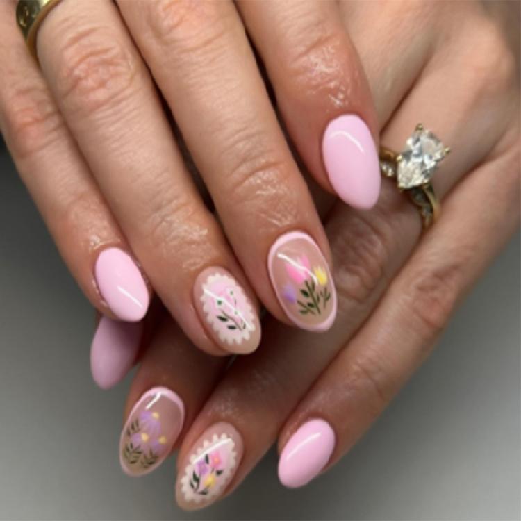 

24 шт. Мигдальні Накладні Нігті Натискні Нігті Штучні Нігті Фальшиві Нігті Приклеюються Нігті Квіткові Дизайни Французькі Кінчики Нігтів Подарунки 1