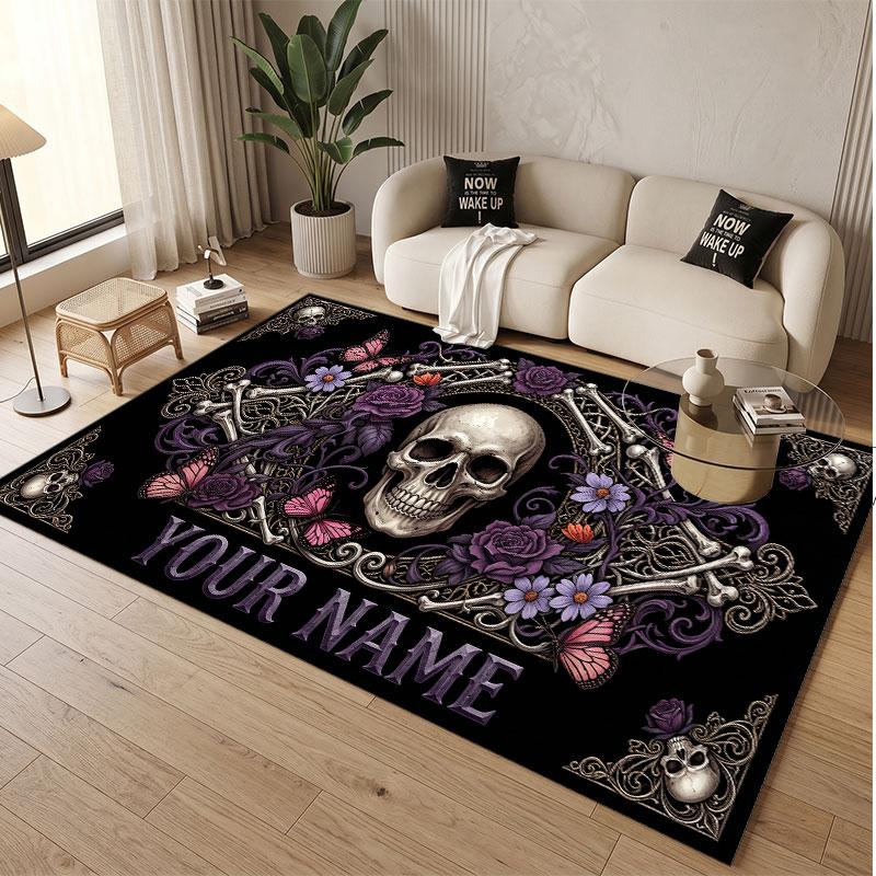 Tappeto Morbido in Velluto di Cristallo Tema Gotico Teschio Stampa Personalizzata Nome e Testo Tappeto Antiscivolo per Camera da Letto Soggiorno