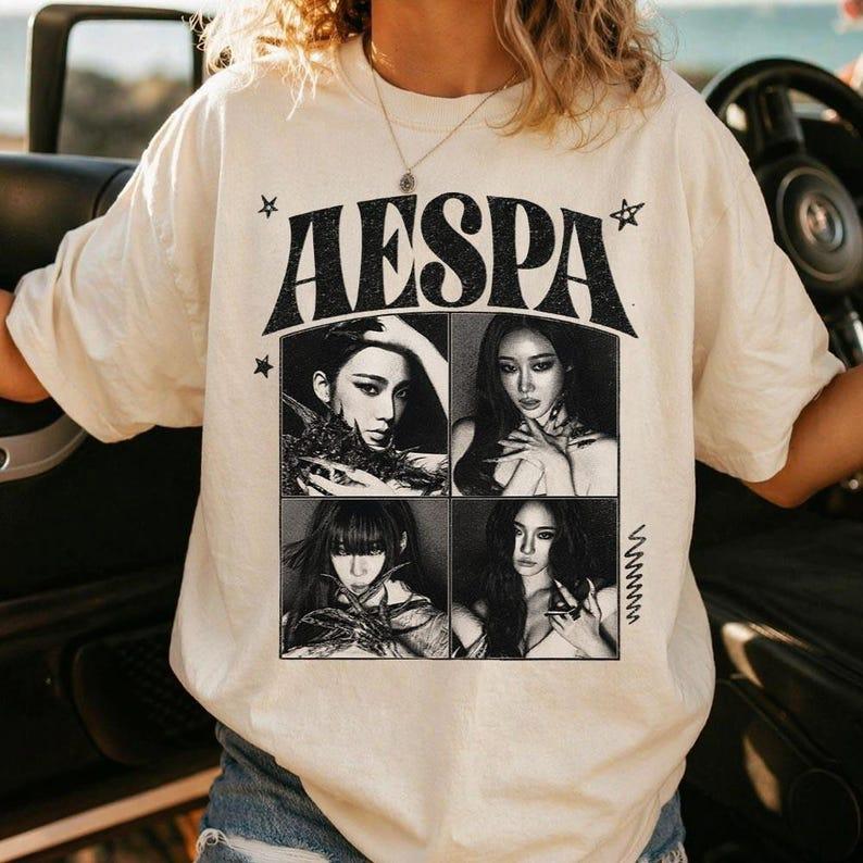 2026 Hot Sale  Aespa Portrait Members Shirt Vintage Graphic Tee Kpop Girl Group Inspired T-shirt Y2K Gothic Cotton Oversized T-shirts