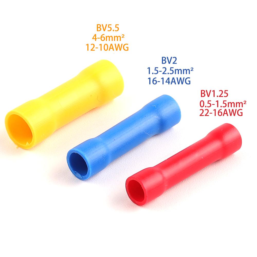 

PVC Copper Conductor Insulated Straight Wire Butt Connectors Electrical Wire Cable Crimp Terminals Set BV1.25 Red BV2 Blue BV5. 25PCS