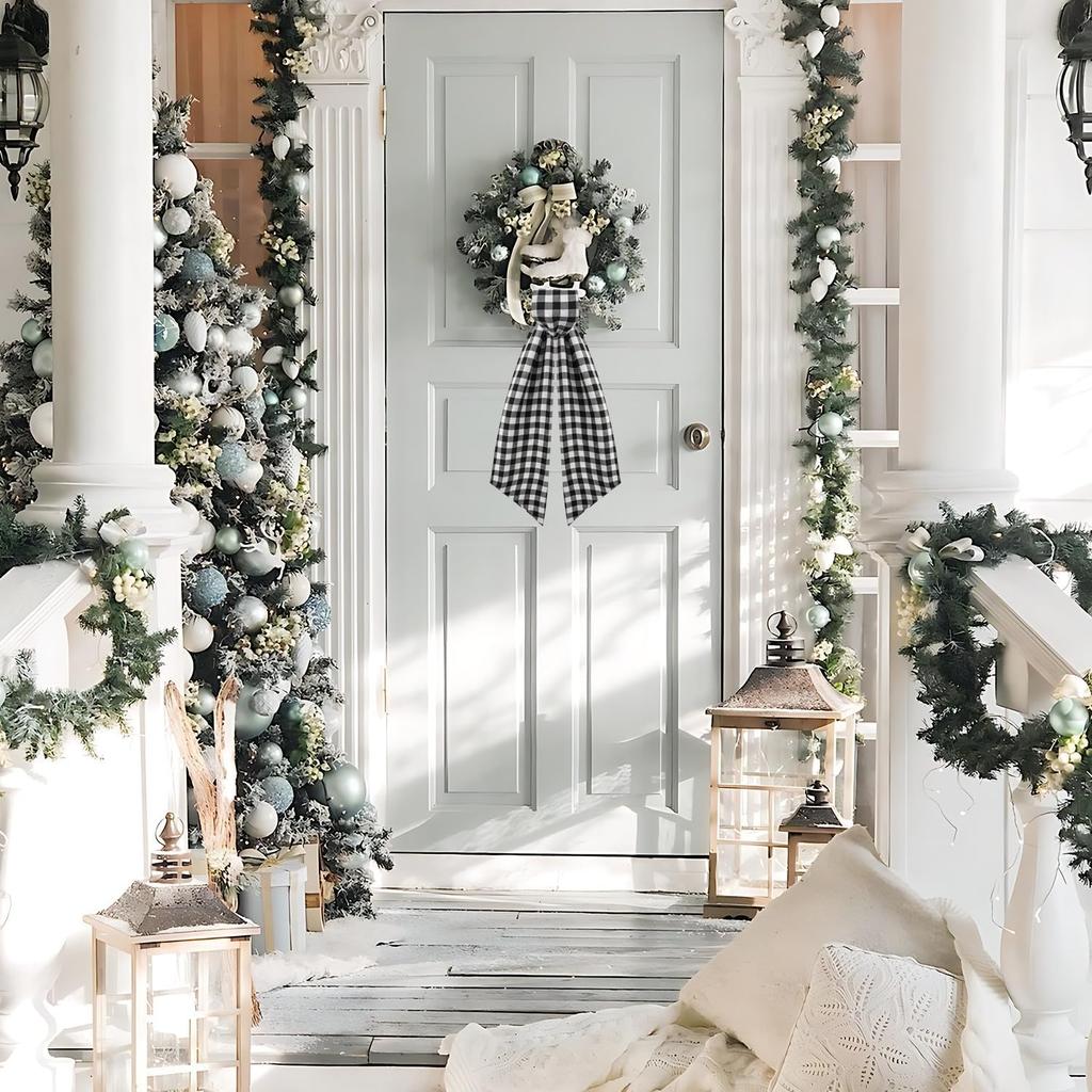 2 Pack Wreath Sash for Front Door Boxwood Wreath Sash Garland Front Door Porch Decor(White and Black Plaid)