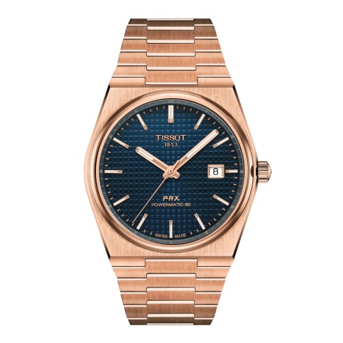 Tissot PRX Powermatic 80 40mm Men's Watch with Blue Dial and Rose Gold Bracelet, Officially Imported, Model T1374073304100