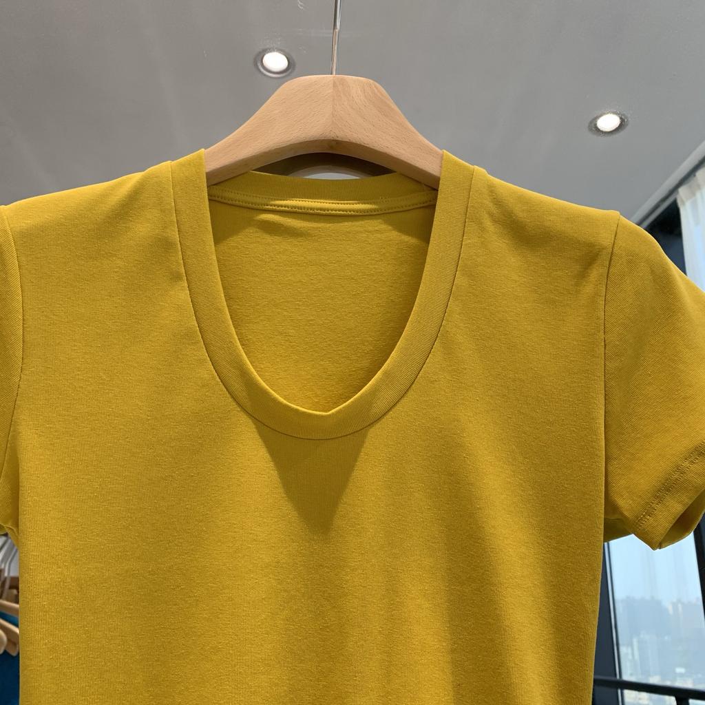 Refined cotton back collar, American front shoulder u-neck short-sleeved t-shirt women's summer solid color