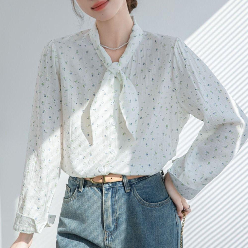 Bow Tie Long Sleeve Shirts Sweet Floral Baggy Shirts Comfortable Blouses for Women Office