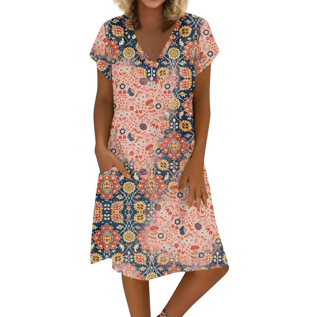 Women's Summer V-neck Short Sleeve Printed Cotton And Linen Dress