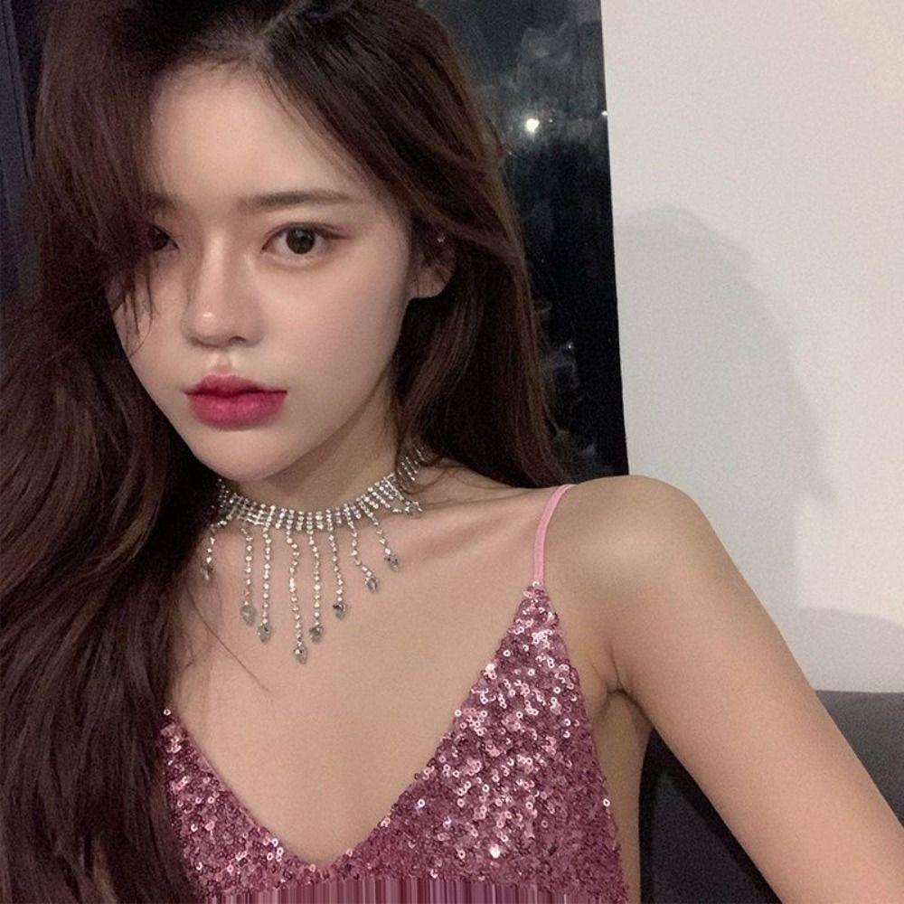 Geometric Full Rhinestone Necklaces Korean Style Wedding Bride Jewelry Tassel Necklaces  Wedding