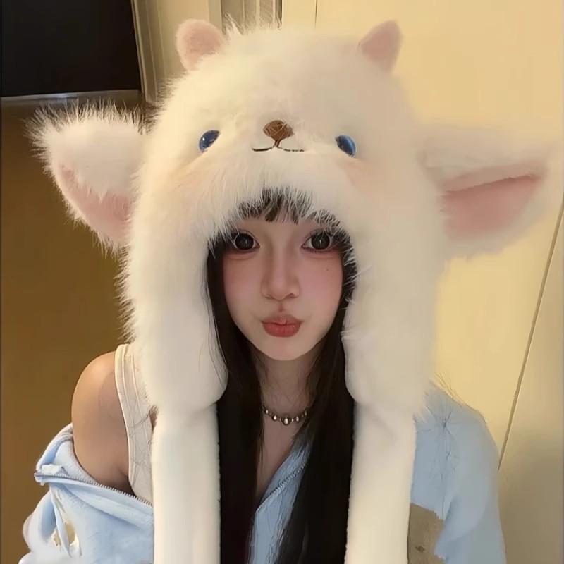 Fluffy Plush Ear Moving Jumping Hat, Cute Cartoon Anime Sheep Jumping Ear Beanie Hats for Women Girls Thickened Earflap Snow Hat