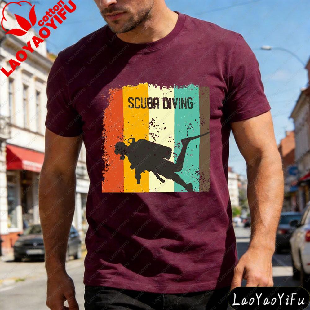 Scuba Diving Silhouette Rainbow Stripe Summer Men TShirt Vintage Style Casual Wear for Beach Outdoor Activities Gift