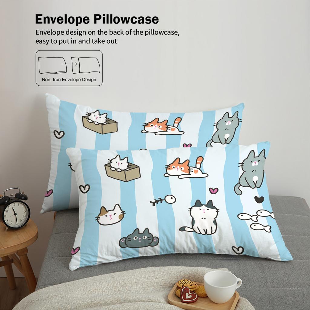3-piece Down Duvet Cover with Blue Striped Cartoon Cat Pattern Print (1 Down Duvet Cover+2 Pillowcases, No Core) Bedding Set