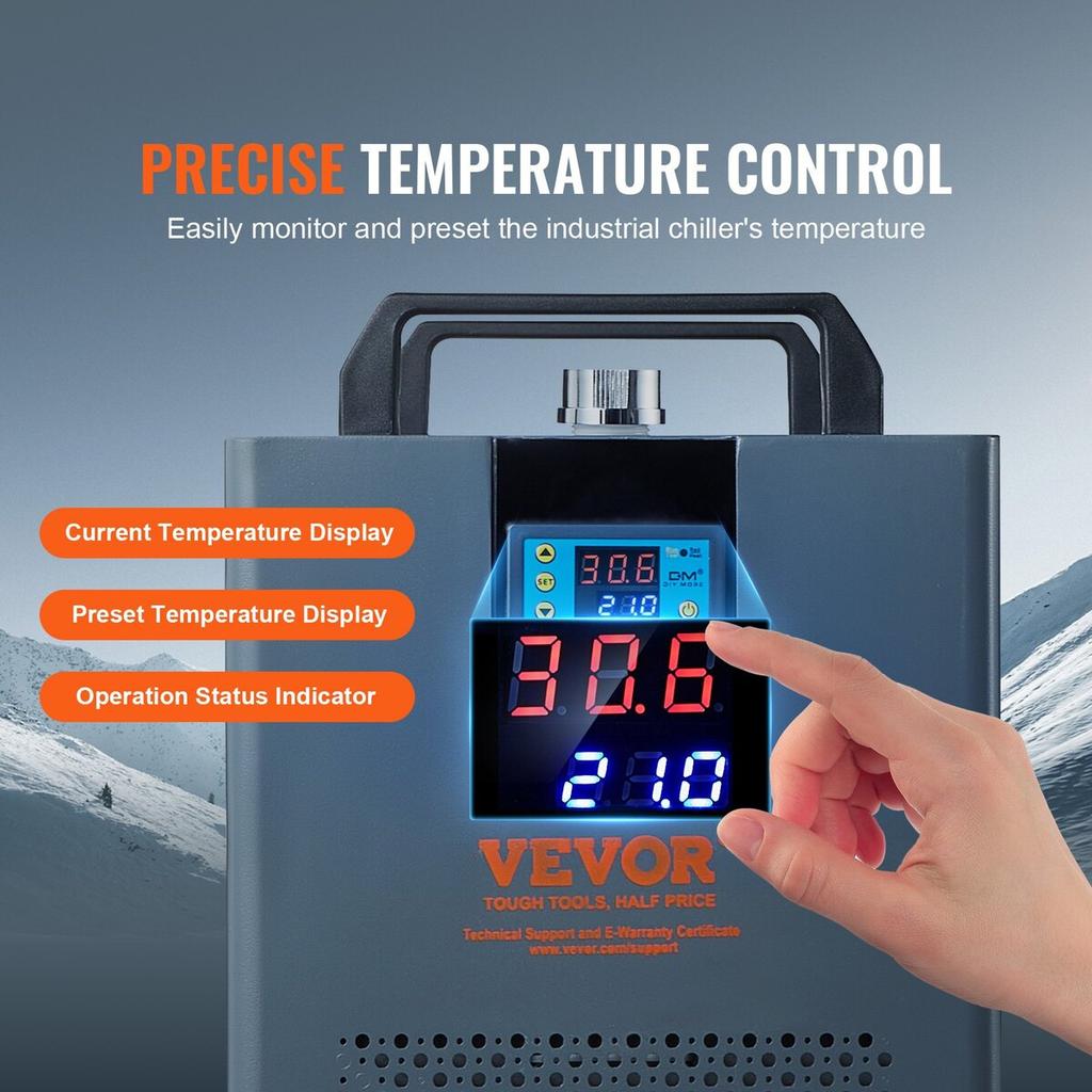 Industrial Water Chiller Laser Chiller Cooling System with Built-in Compressor 12L Water Tank Capacity, 7.2L/min Max.Flow Rate, 200W Cooling Capacity