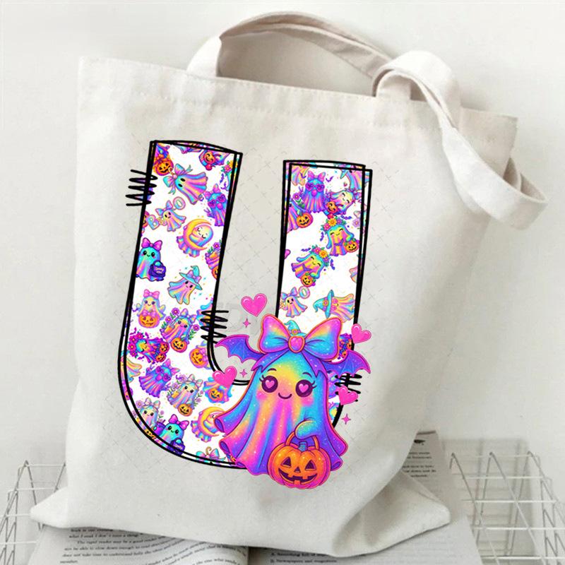 Halloween Alphabet Canvas Bag Going Out Portable Handbag Women's Large Capacity Casual Shoulder Crossbody Bag