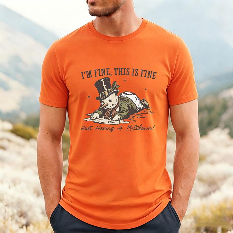 Fun Melting Snowman English Printed Men's T-Shirt Cross-Border Christmas Funny Crew Neck Short Sleeve Comfortable Casual T-Shirt