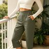 Women's Loose Fit Straight Leg Elastic Waistband Beach Capri Pants Casual Cropped Trousers with Button Detail and Side Pockets