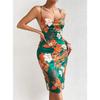 Summer Sexy European American Women Dress Side Slit Printed Mid Length Spaghetti Strap Dress Elegant Casual Fashion Dress