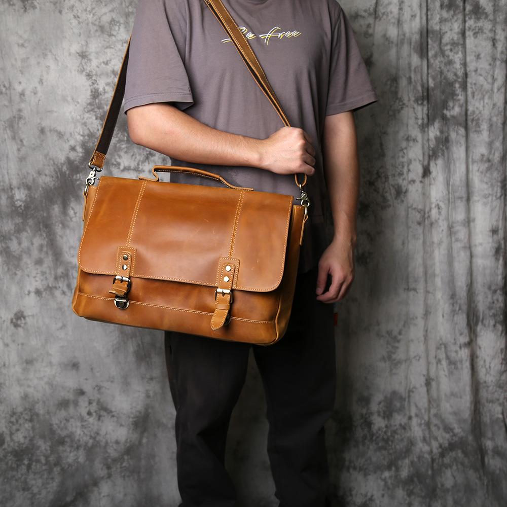 NZPJ Vintage Leather Men's Briefcase Crazy Horse Leather Handbag Casual Natural Cowhide Computer Bag Shoulder Messenger Bag