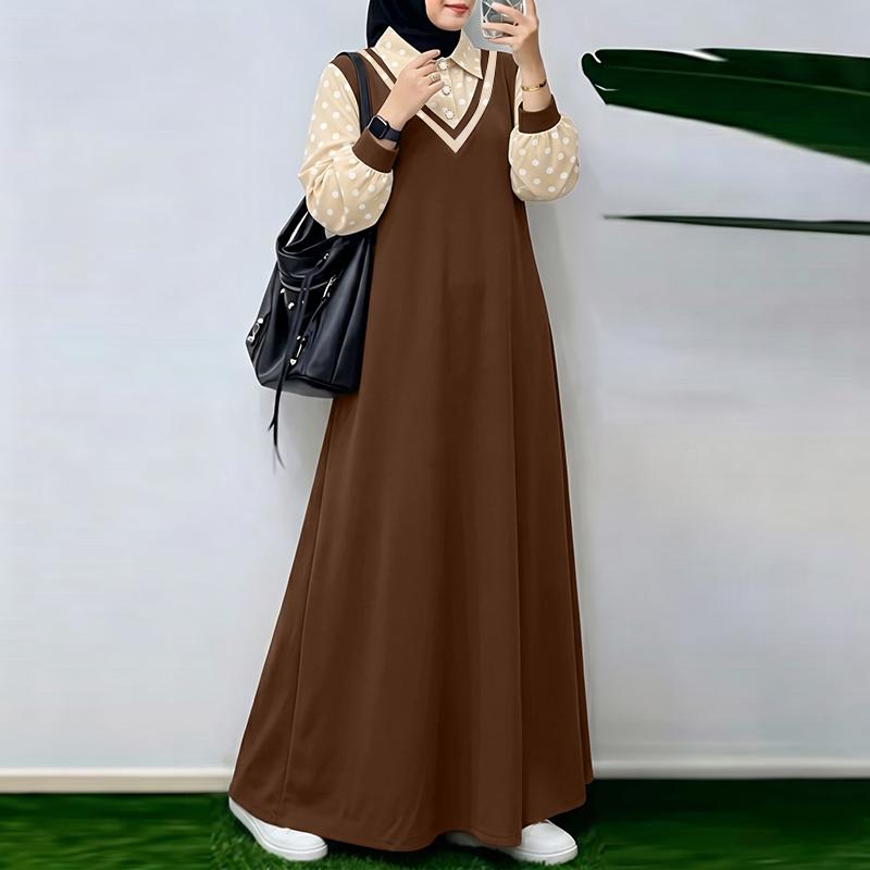 ZANZEA Women Muslim Casual Polak Dot Print Splice Long Sleeve Loose Dress