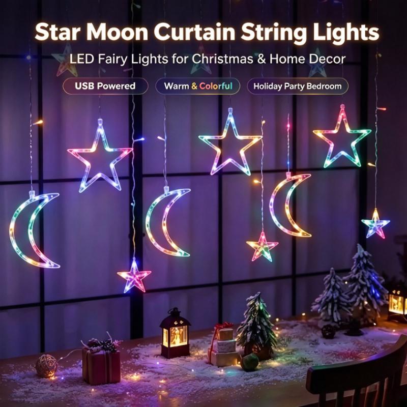 Star Moon Curtain String Lights, USB Powered LED Fairy Lights, Warm & Colorful Lighting, Christmas Ramadan Bedroom Holiday Party Decor