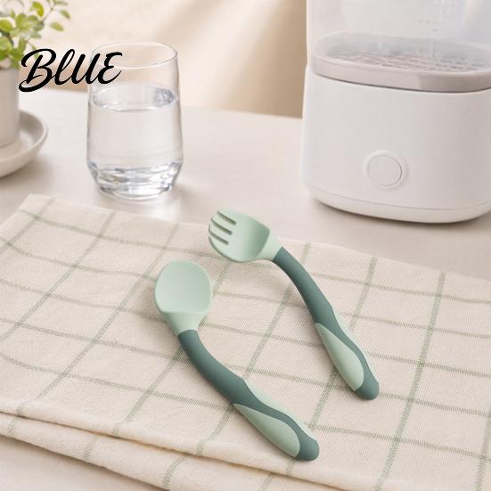 Cucchiaio per Bambini con Manico Curvo Forchetta da Allenamento e Set Utensili Flessibili Antiscivolo Bordi Arrotondati Antiscivolo Strumenti per l'Autosvezzamento/Alimentazione per Destri/Mancini