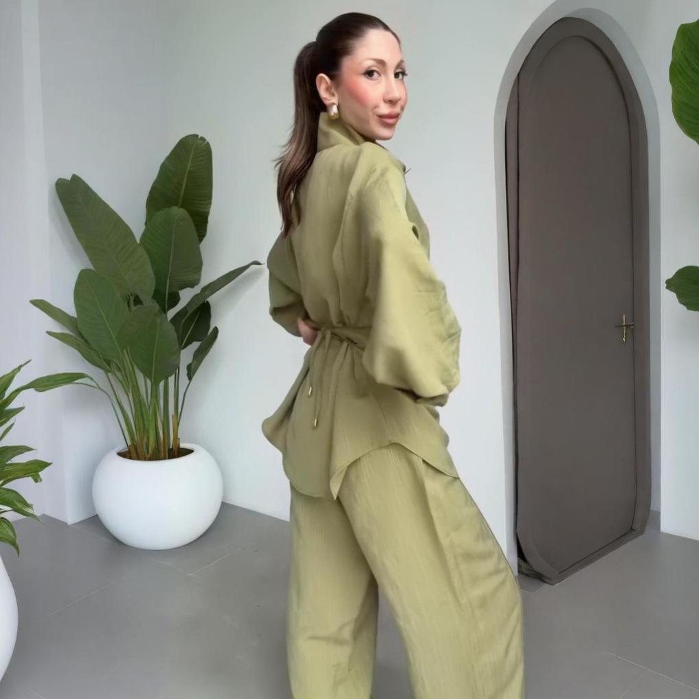 Cross-border European and American women's clothing Amazon stand-up collar casual button lantern sleeve top fashion wide-leg pants