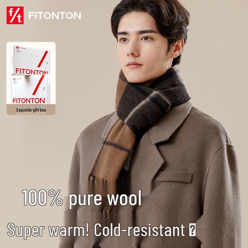 FitonTon Men's 100% Wool Plaid Scarf