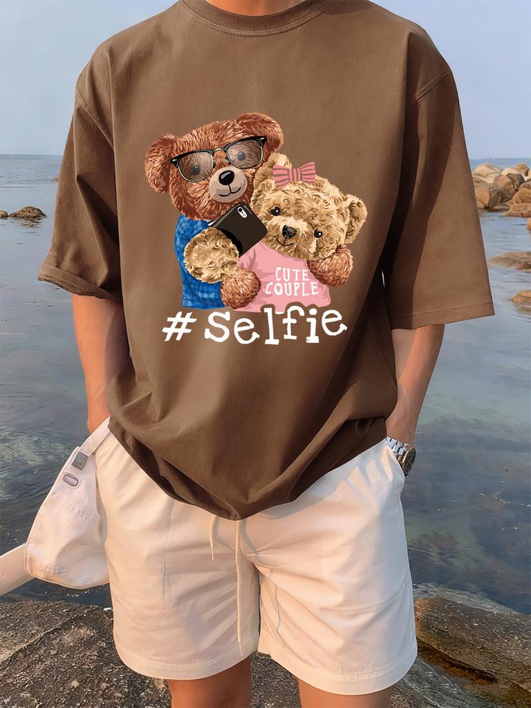 Cute Couple Bears Selfie Printing TShirts Womens Summer Cotton Short Sleeve Tees Loose ONeck Comfortable Tops Casual Clothes
