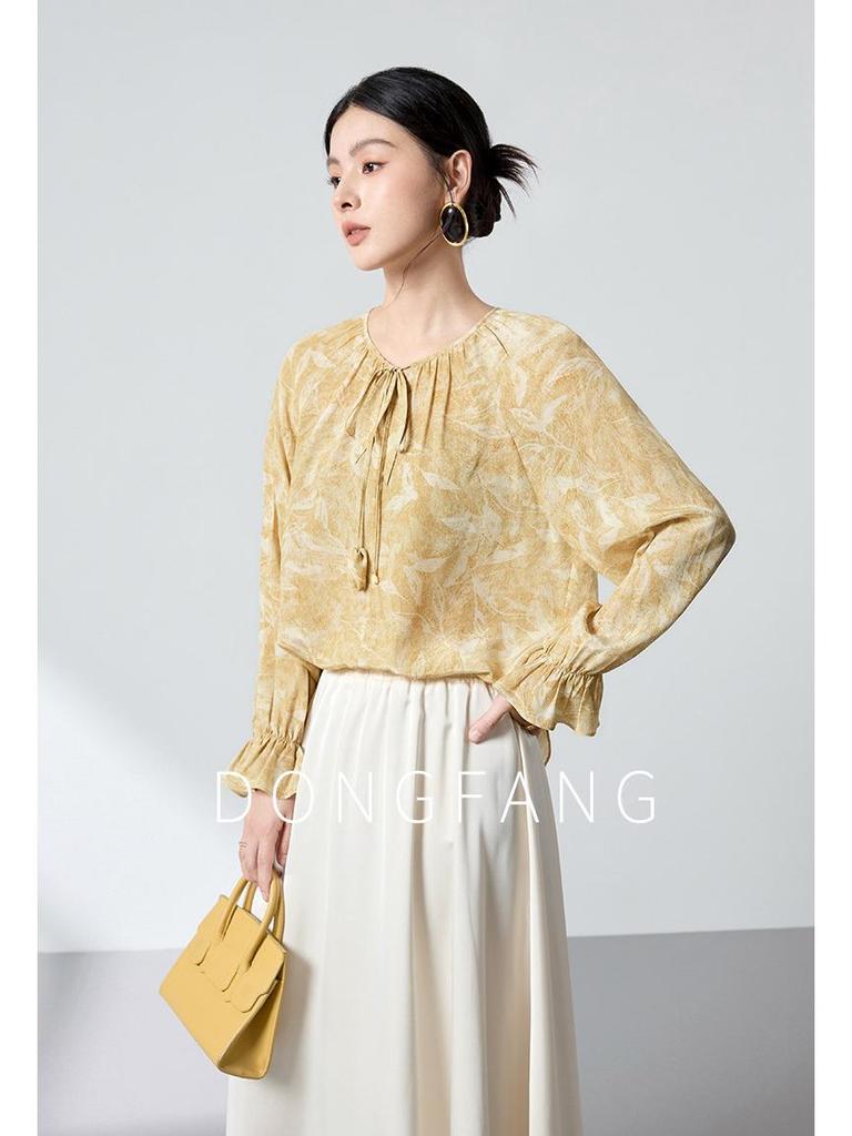 100% Mulberry Silk High-End Shirt, Spring Lantern Sleeves, Double Georgette Tie-Up Print, Women's Top