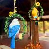 Resin Statues Hanging Bird Perching On Branch In Metal Round Ring for Home Patio Yard Garden Art Decor Gardening Gift Ornaments