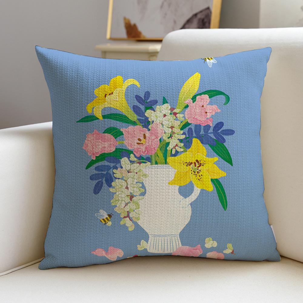 Elegant Flower arrangementS Cushion Cover Breathable and Skinfriendly Linen Pillowcase Square Removable and Washable Cushion