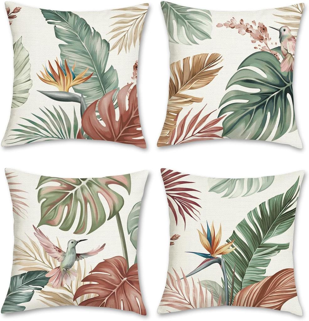 4Pcs Tropical Leaf Cushion Covers, Vibrant Green Monstera & Palm Print Pillow Cases For Sofa Bedroom Living Room 45X45Cm