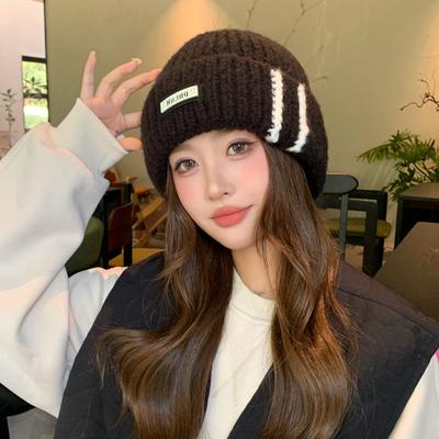 Hat Women'S Winter Warm Knitted Wool Hat Versatile Striped Letters Big Head Circumference Cold Hat Tide