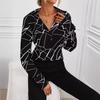 Women's Long Sleeve Geometric Print V-Neck Blouse with Buckle Detail in Beige/Black
