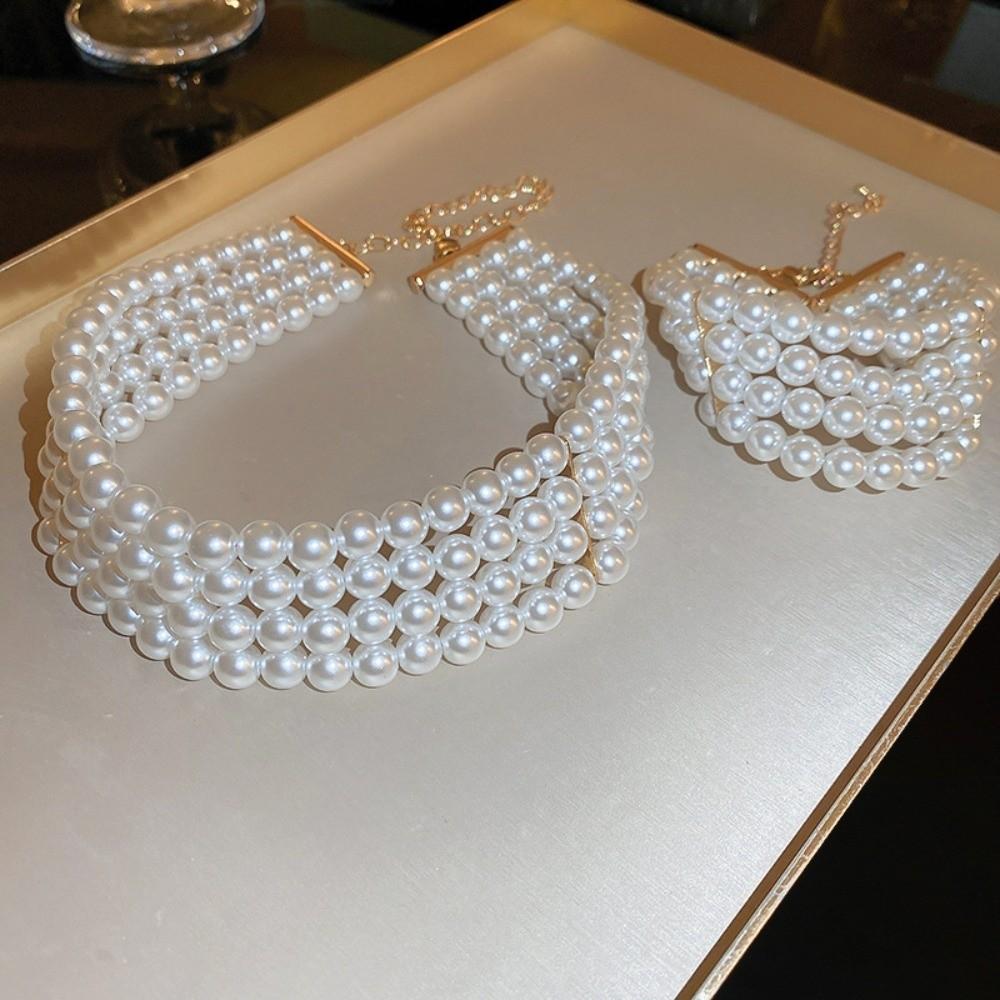 Ornaments Pearl Four Layer Necklace Fashion Jewelry Wide Cuff Bangles Versatile Bracelets Set Gift
