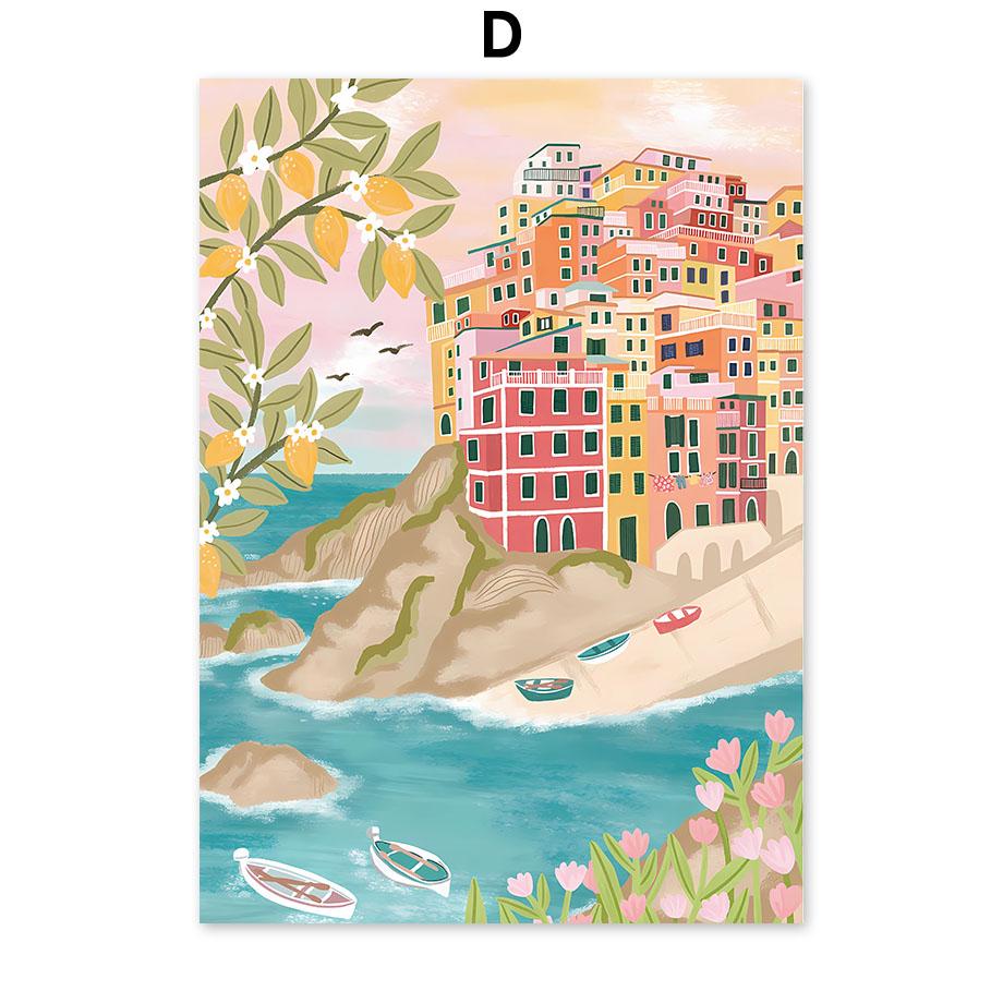 Santorini Lemon Coffee Flowers Abstract Landscape Posters and Prints Wall Art Canvas Painting Pictures For Living Room Home Deco